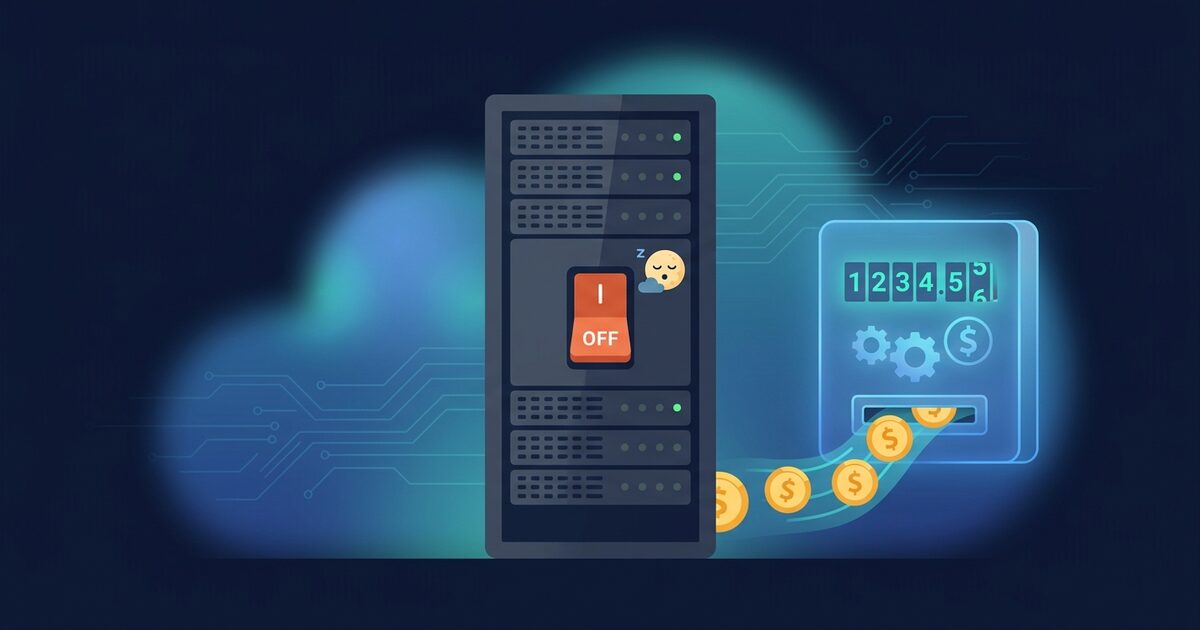 A sleeping server rack with its power switch off while a glowing billing meter beside it keeps counting