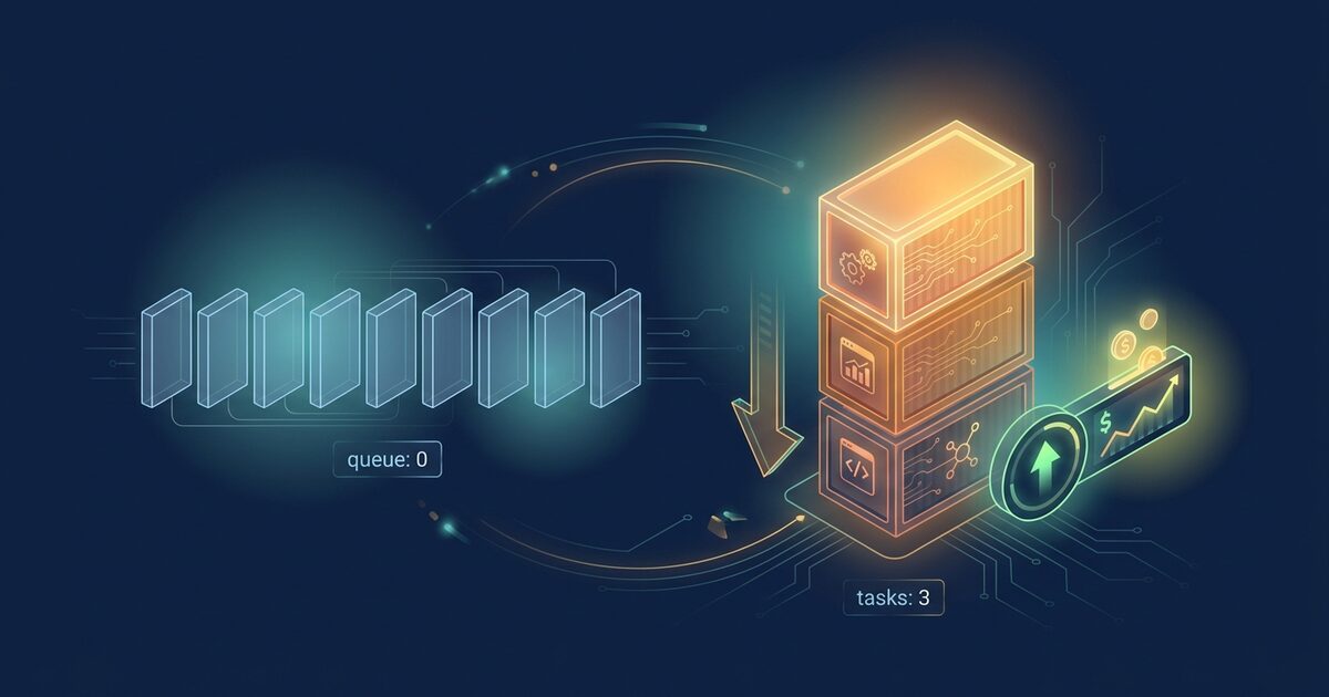An empty message queue beside a stack of glowing container tasks that keep running while a cost meter climbs