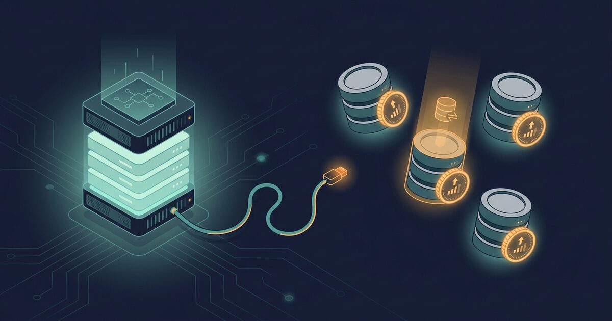 A server with its cable unplugged beside detached storage disks, each still ticking up a glowing cost meter