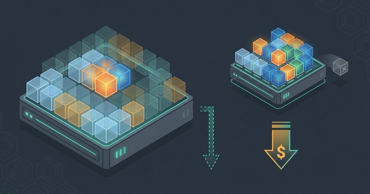 A Kubernetes node packed with pods reserving far more CPU and memory than they use, beside a smaller right-sized cluster running the same work
