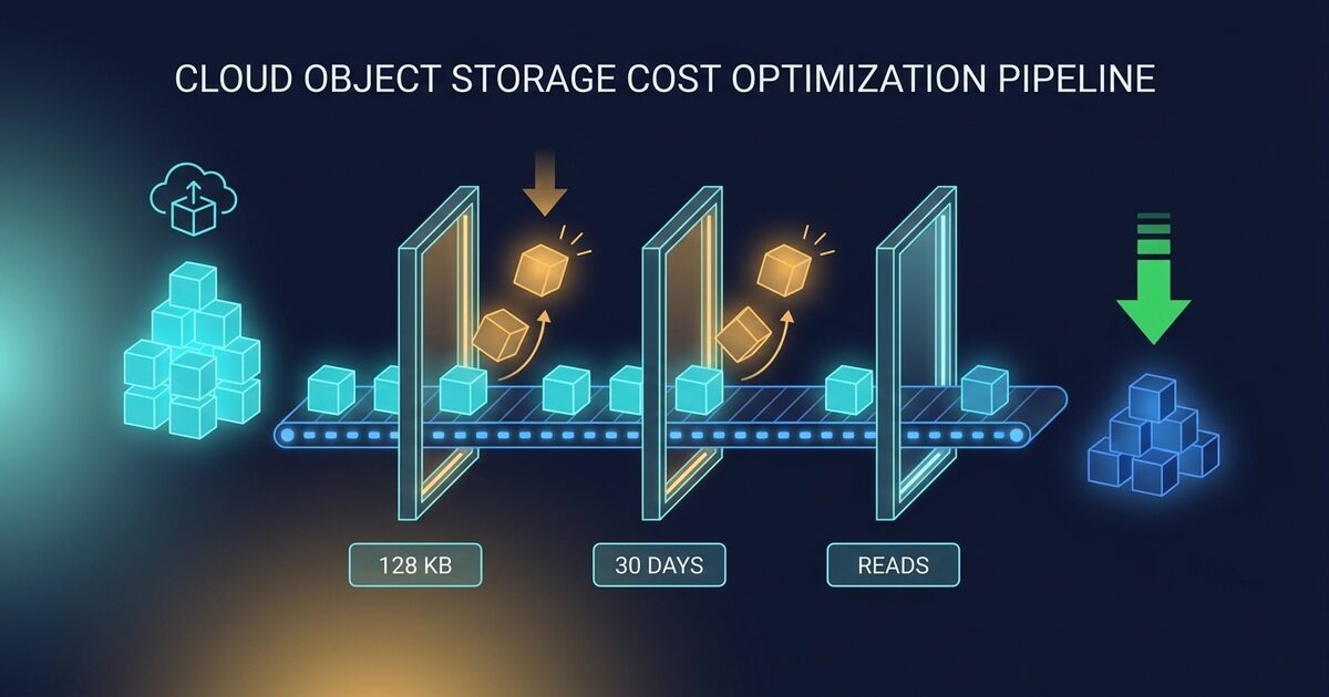 S3 Standard-IA lifecycle transition gated on object size, lifetime, and read frequency
